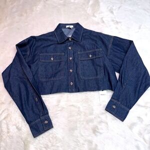 NWT Forever 21 Denim Jacket Womens Medium Dark Blue Cropped Raw Hem Cotton